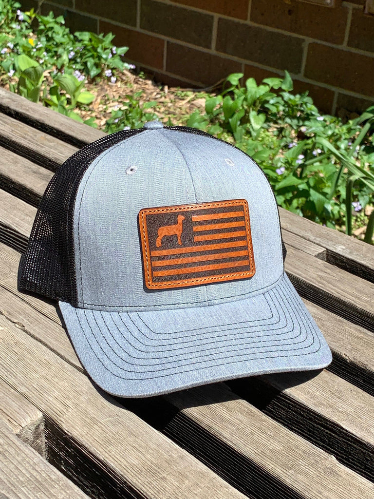 Richardson 112 Laser Engraved Leather Patch Hat- Show Lamb American Flag Sheep Hand Stitched Real Leather