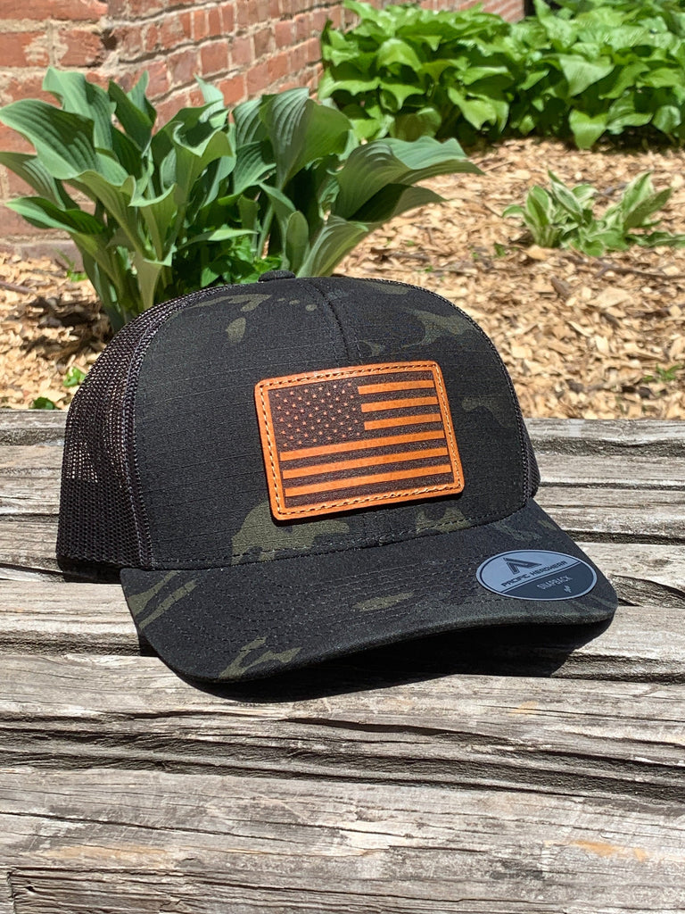 Pacific Headwear Laser Engraved Leather Patch Hat- American Flag Patriotic Military Hand Stitched Real Leather Black Multicamo