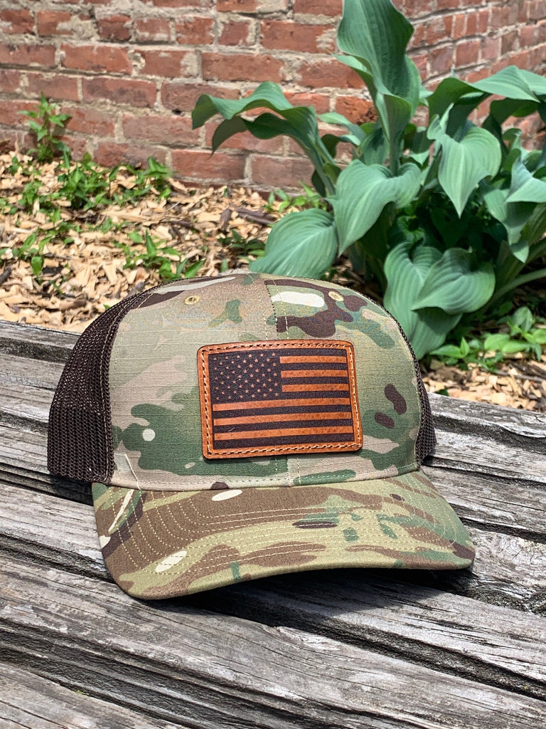Richardson 862 Laser Engraved Leather Patch Hat- Multicam Trucker Tactical Camo American Flag Patriotic Military Hand Stitched Real Leather