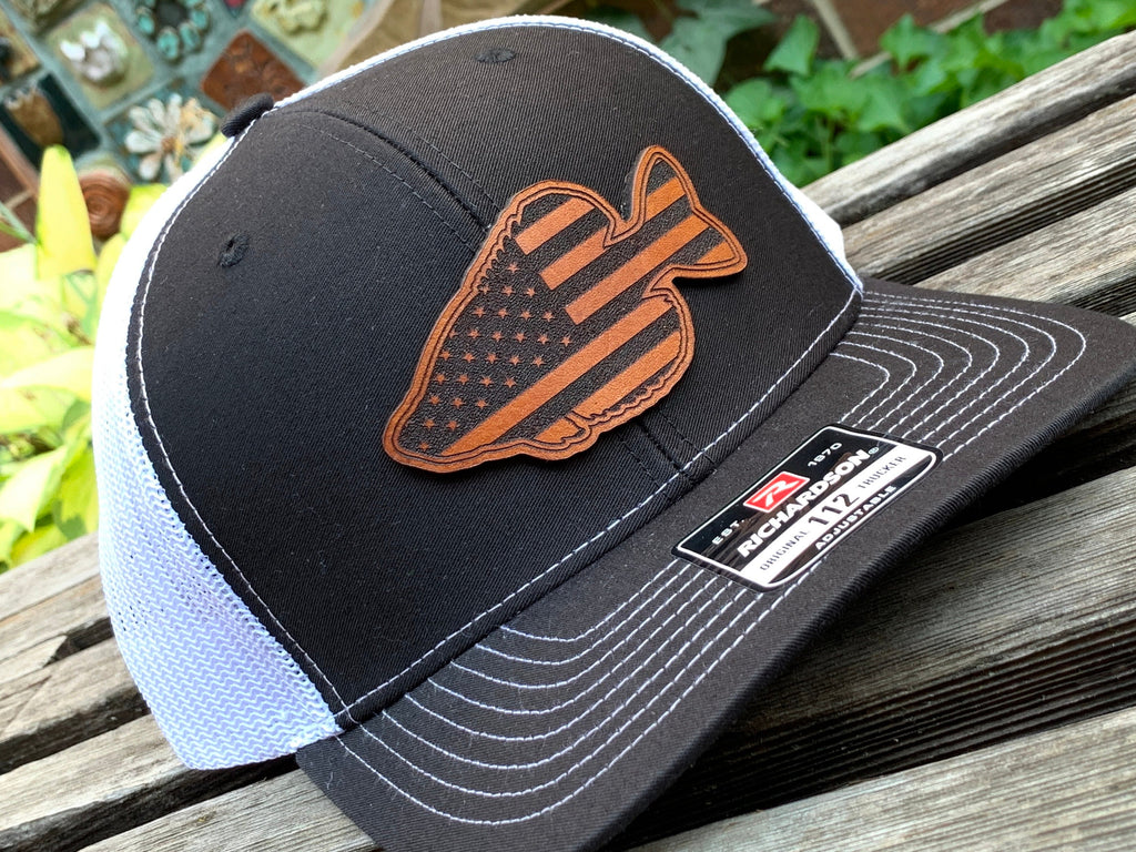 Richardson 112 Laser Engraved Leather Patch Hat- Crappie American Flag State Silhouette With USA Flag Real Leather Fish Angler Gone Fishin