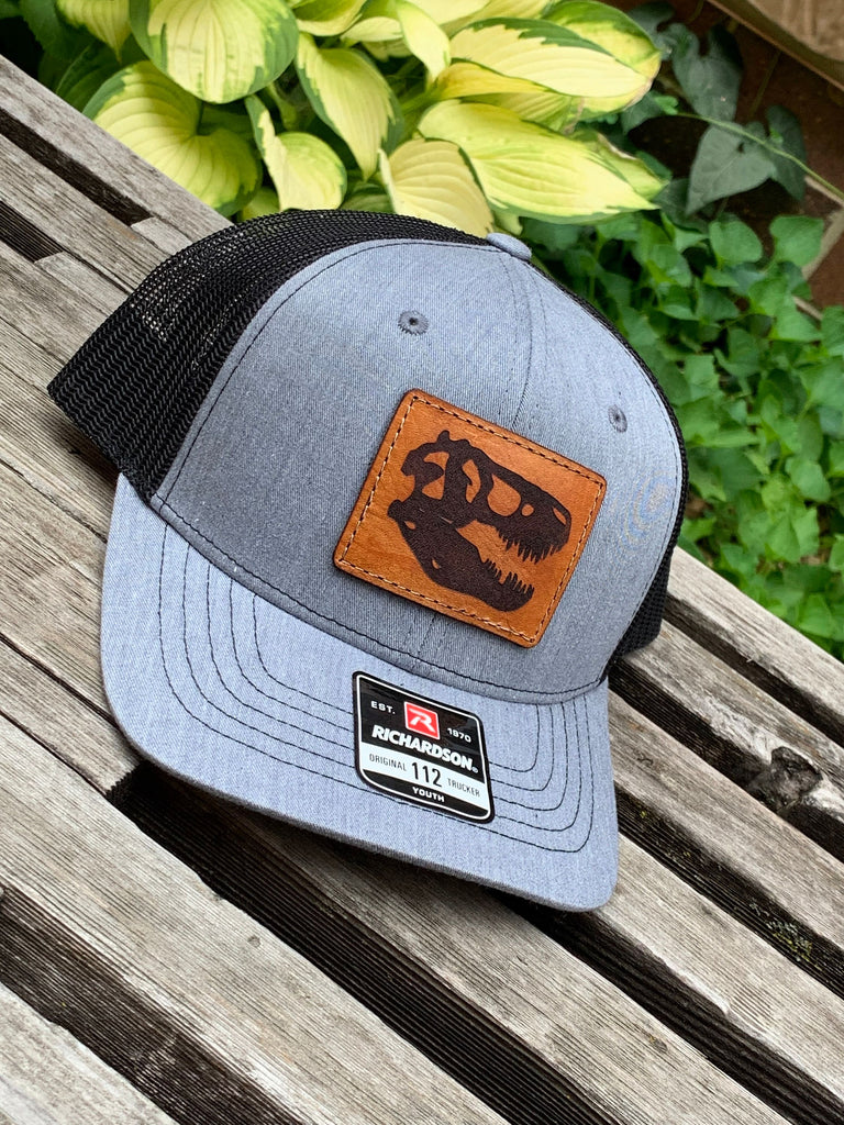 YOUTH/TODDLER Richardson 112 Laser Engraved Leather Patch Hat- T-Rex Tyrannosaurus Rex Dinosaur Skull Hand Stitched Real Leather