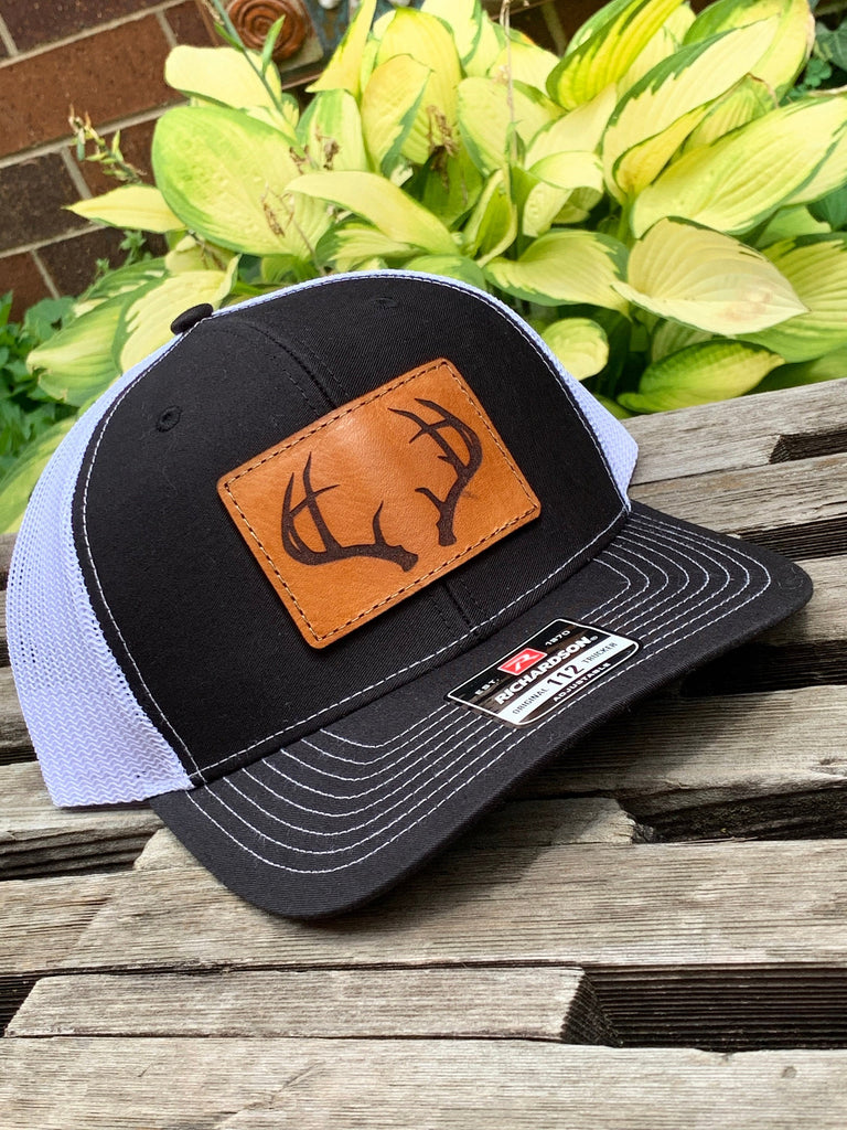 Richardson 112 Laser Engraved Leather Patch Hat- Deer Antlers Hunting Hunter Silhouette Hand stitched Authentic real leather Whitetail Buck