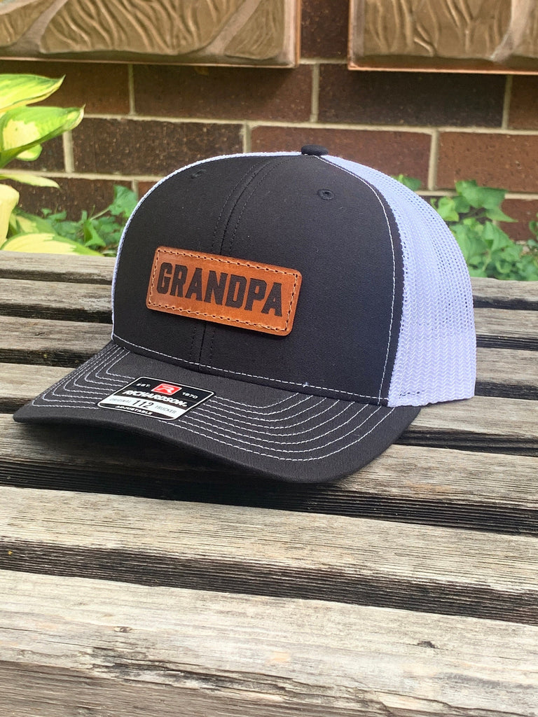 Richardson 112 Laser Engraved Leather Patch Hat- Grandpa Grandparents Grandma Dad Hand Stitched Real Leather Custom Title Groom Groomsman