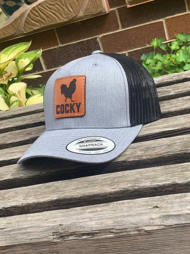 Cocky Yupoong 6606 Laser Engraved Leather Patch Hat-Cocky Chicken Rooster Chicken Farmer Rooster Laying hen Hand Stitched Real Leather