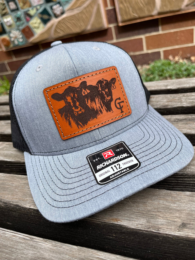 Custom Richardson 112 Laser Engraved Leather Patch Hat- Logo Cattle Brand Personalized Cow tags Farm Hand Stitched Real Leather Ranch Brand