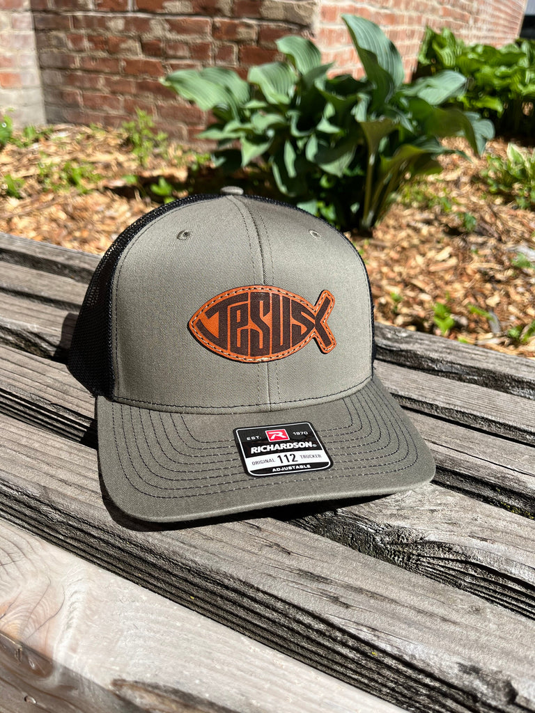Richardson 112 Laser Engraved Leather Patch Hat- Jesus Fish Christ Hand Stitched Real Leather