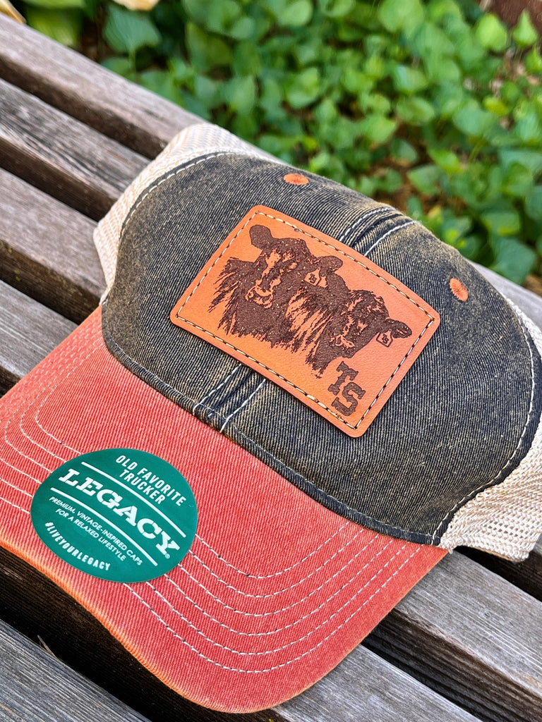 Customer Supplied Brand Legacy Hats OFA Laser Engraved Leather Patch Unstructured Hat-Cows with Brand Real Leather-Cattle Brand Farm Logo