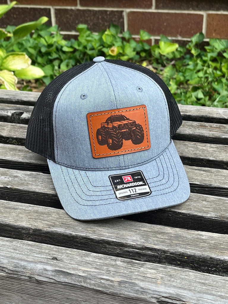 YOUTH/TODDLER Richardson 112 Laser Engraved Leather Patch Hat- Monster Truck Hand Stitched Real Leather