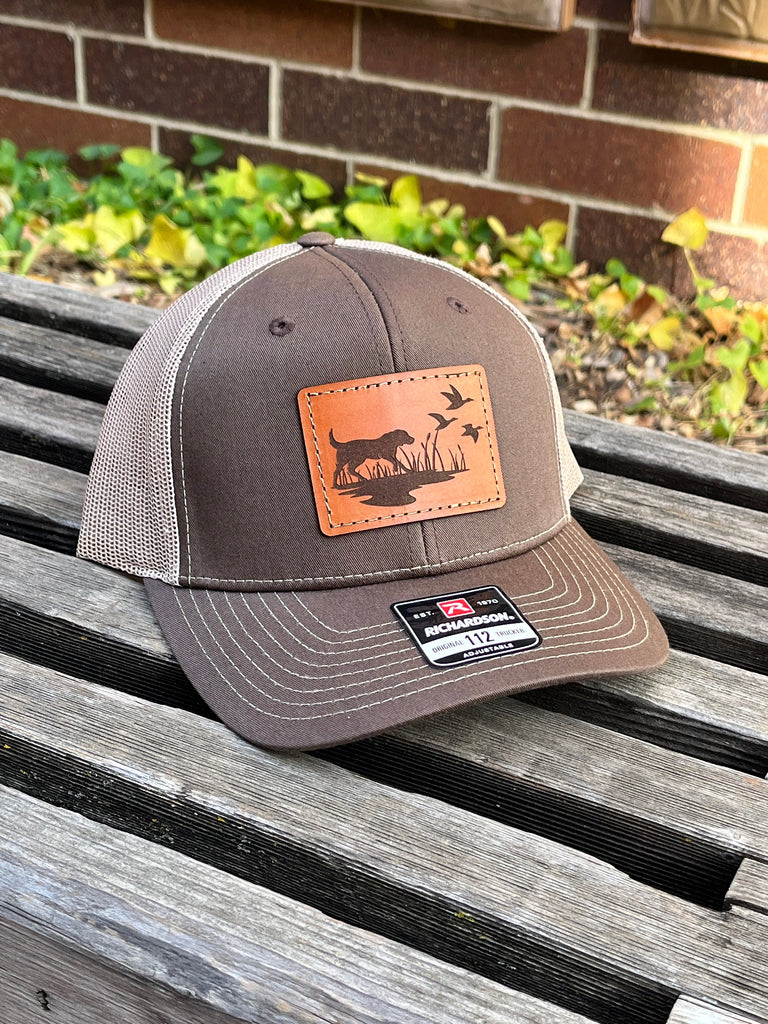 Richardson 112 Laser Engraved Leather Patch Hat-Hunting Dog with Ducks Hunting Silhouette Hand stitched Authentic real leather Duck hunter