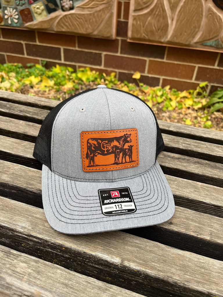Custom Richardson 112 Laser Engraved Leather Patch Hat- Logo Cattle Brand Personalized Cow Calf Farm Hand Stitched Real Leather Ranch Brand