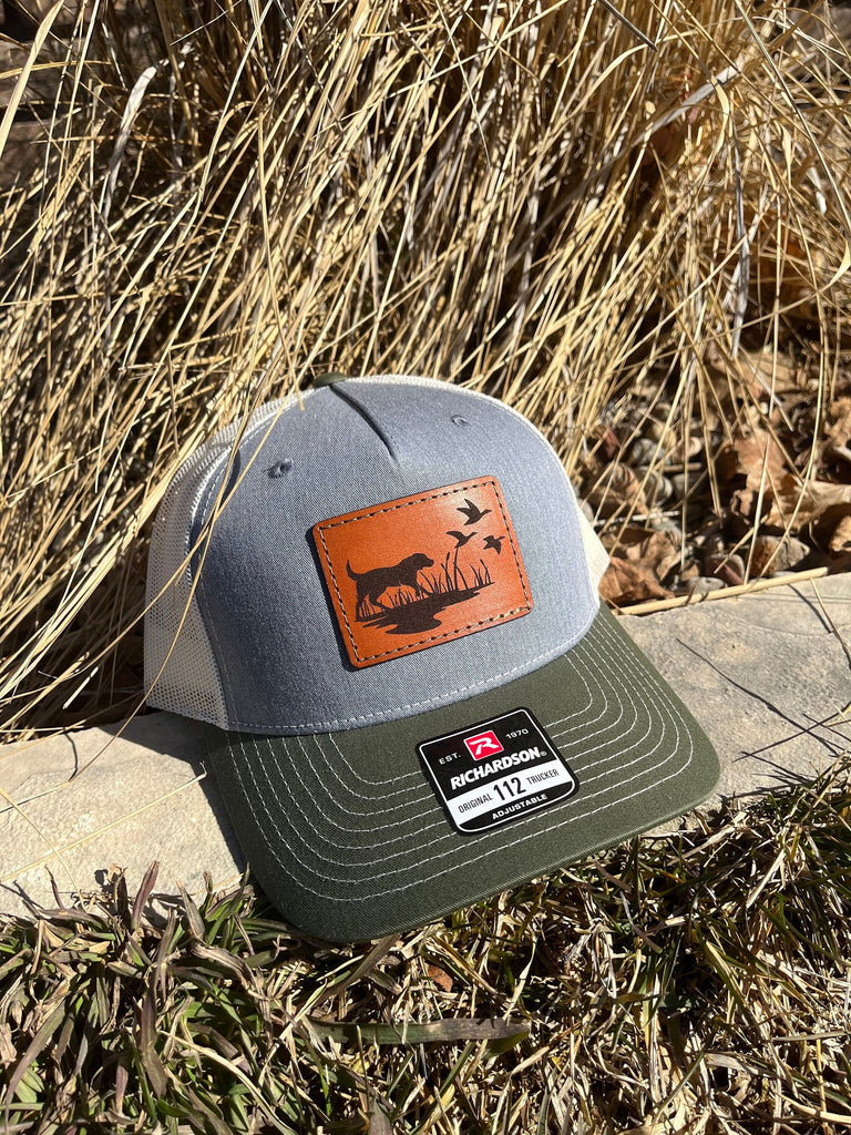 Richardson 112FP Laser Engraved Leather Patch Hat-Hunting Dog with Ducks Patch Hand Stitched Real Leather Custom Shape Five Panel