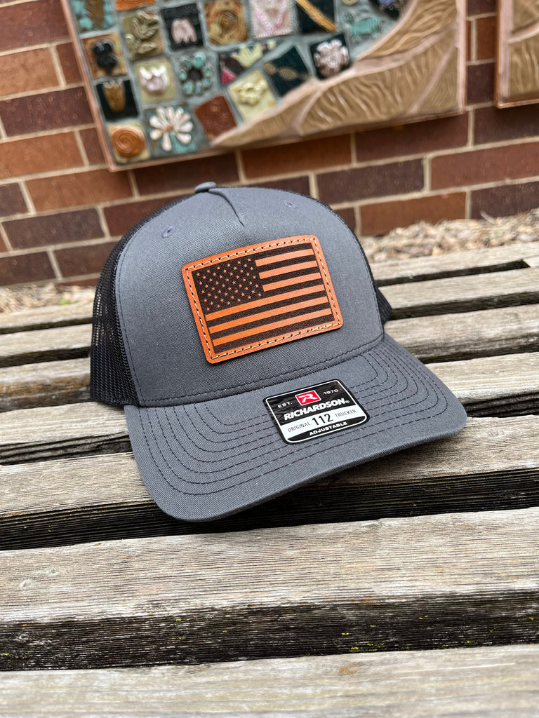 Richardson 112FP Laser Engraved Leather Patch Hat-American Flag USA Patch Hand Stitched Real Leather Five Panel