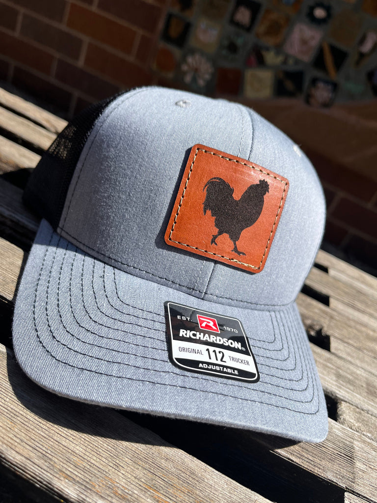 Richardson 112 Laser Engraved Leather Patch Hat- Rooster Chicken Hand Stitched Real Leather
