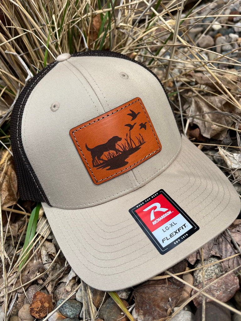 Richardson 110 Fitted Laser Engraved Leather Patch Hat-Hand Stitched Real Leather Hunting Dog with Ducks Duck Hunter