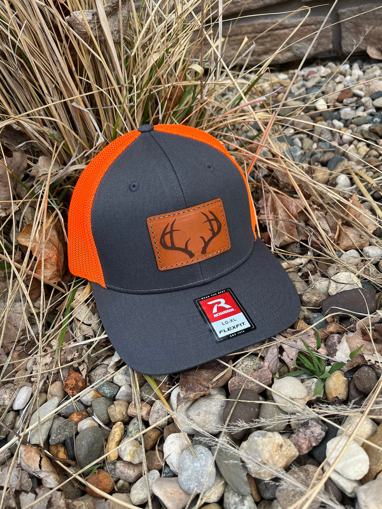 Richardson 110 Fitted Laser Engraved Leather Patch Hat-Hand Stitched Real Leather Deer Antlers Deer Rack