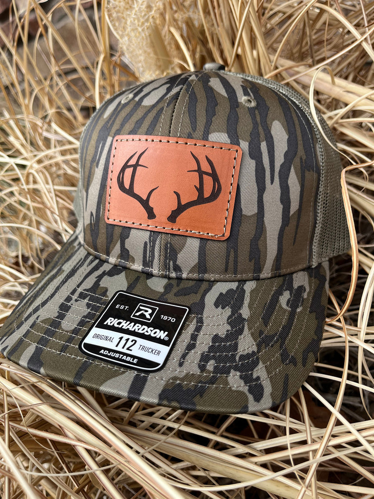 Camo Custom Patch Shape Richardson 112P Fitted Laser Engraved Leather Patch Hat-Deer Antlers Hunting Hunter Hand Stitched Real Leather