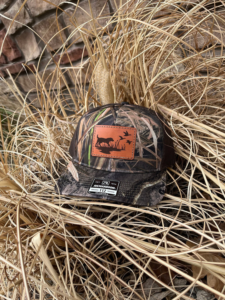Leather Patch Camo Richardson 112P Snapback Laser Engraved Leather Patch Hat-Hunting dog with Ducks Hand Stitched Real Leather