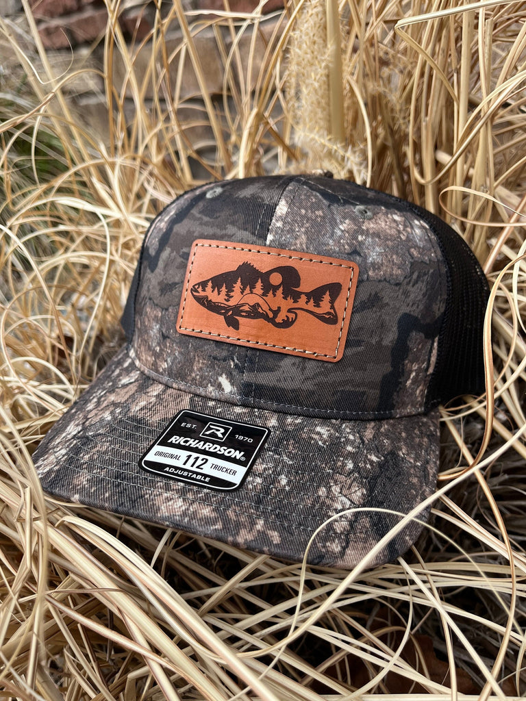 Leather Patch Camo Richardson 112P Snapback Laser Engraved Leather Patch Hat-Bass Fishing Scene Fisherman Fishing Hand Stitched Real Leather