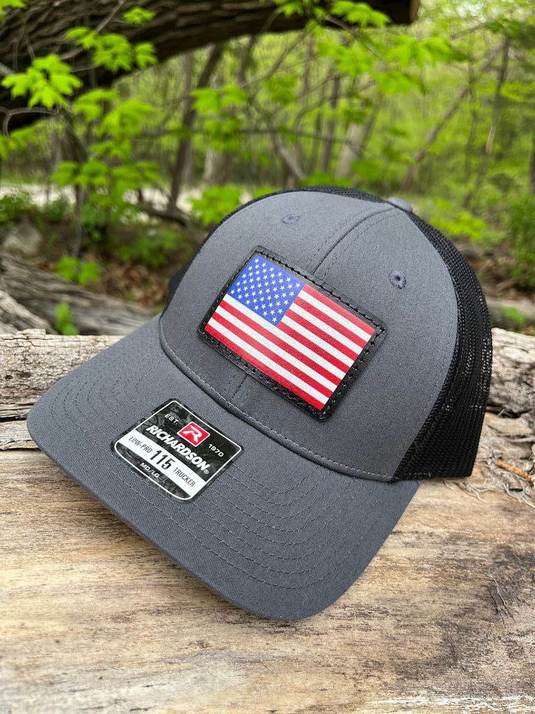 American Flag Richardson 115 Digitally printed Leather Patch Hat-company Hand Stitched Real Red White Blue Leather USA Flag Patch
