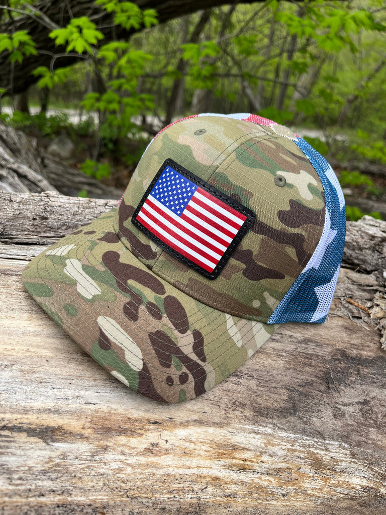Richardson 862 Digitally Printed Leather Patch Hat- Multicam Trucker Tactical Camo Military American Flag Patch Hand Stitched Real Leather