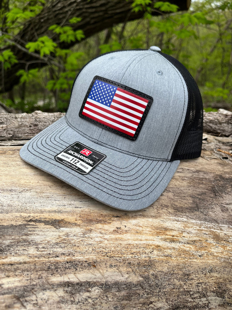 Richardson 112 Digitally Printed Leather Patch Hat- USA American Flag Patriotic USA Hand Stitched Real Leather Military